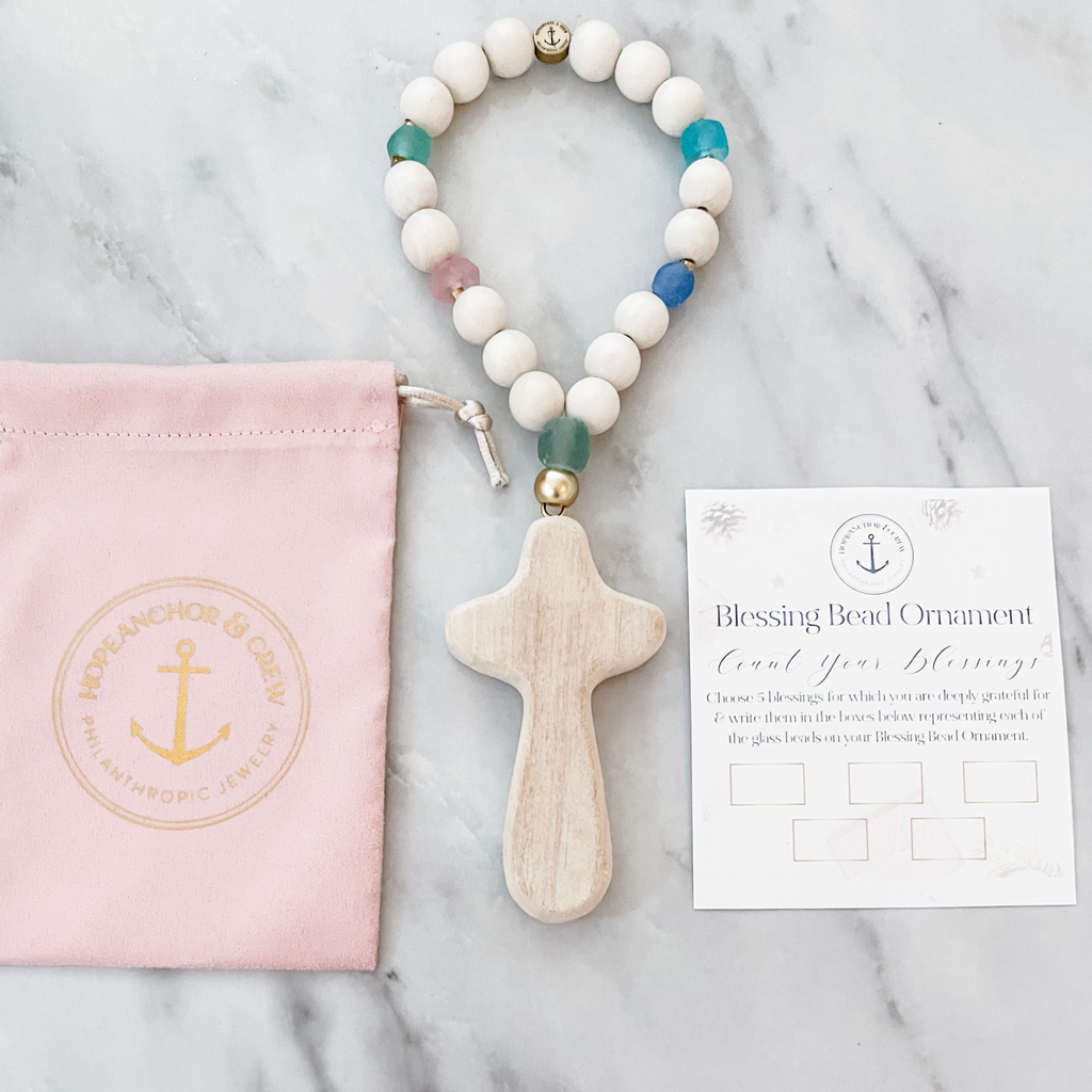 White Wood Cross Blessing Bead Ornament
