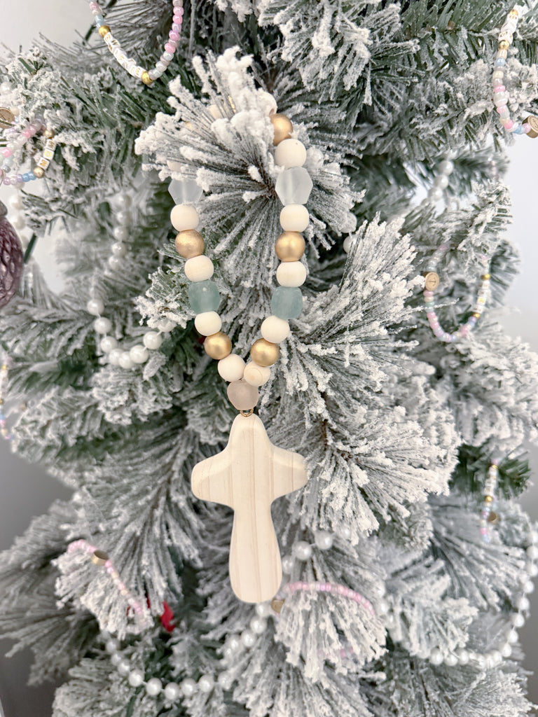 White Wood Cross Blessing Bead Ornament