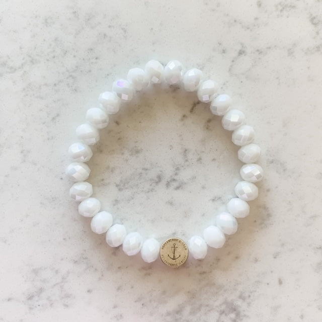 White Shell Cross 8mm Glass Philanthropic Bracelet